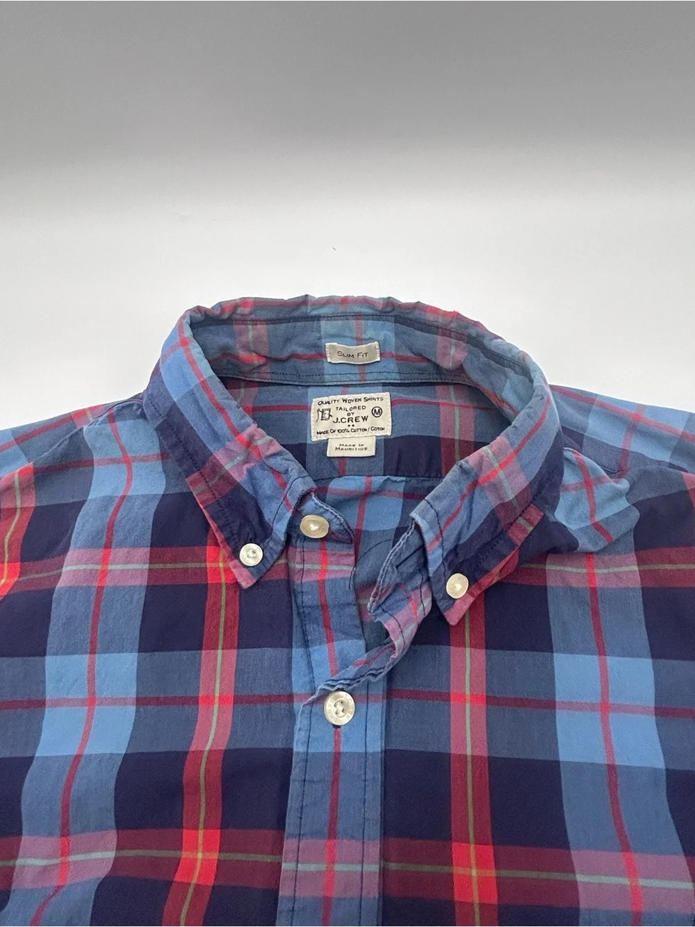 J. Crew Men's Navy and Red Plaid Button-Down Shirt